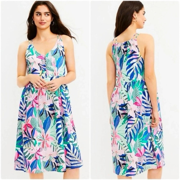 Loft palm double strap midi island print dress pink blue 22408 - Picture 1 of 12